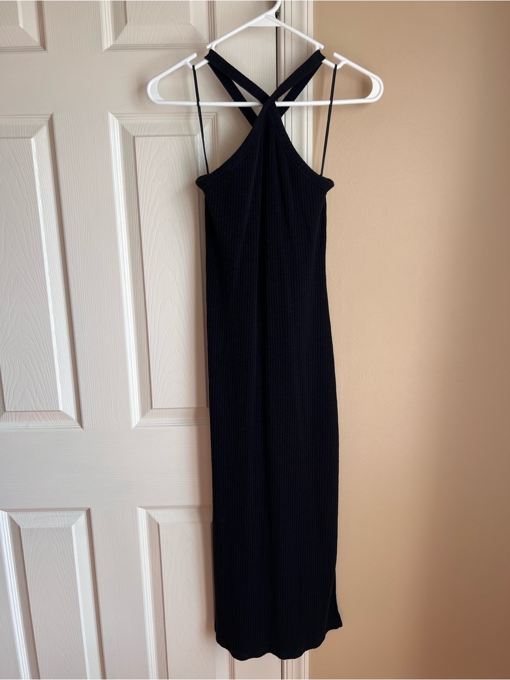 Old Navy Black Ribbed Midi Dress with Built-In Bra & Side Slit Size Medium